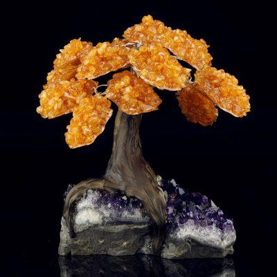 Brighten your space with this Large Genuine Citrine Gemstone Tree on Amethyst Crystal Base - Spiritual Decor. This large decorative display piece combines two powerful gemstones—genuine citrine, known as the “stone of abundance,” and amethyst crystal, celebrated for its calming energy. T