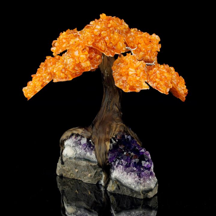 Brighten your space with this Large Genuine Citrine Gemstone Tree on Amethyst Crystal Base - Spiritual Decor. This large decorative display piece combines two powerful gemstones—genuine citrine, known as the “stone of abundance,” and amethyst crystal, celebrated for its calming energy. T