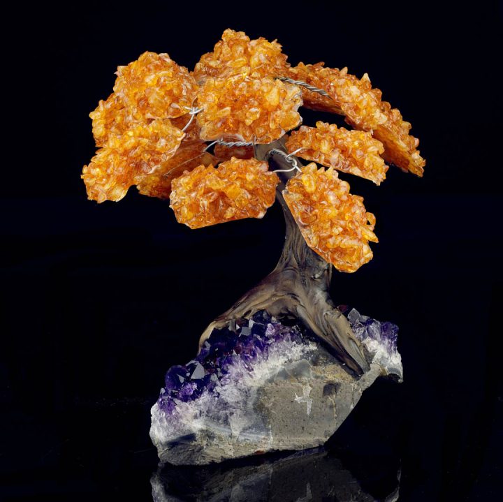 Brighten your space with this Large Genuine Citrine Gemstone Tree on Amethyst Crystal Base - Spiritual Decor. This large decorative display piece combines two powerful gemstones—genuine citrine, known as the “stone of abundance,” and amethyst crystal, celebrated for its calming energy. T