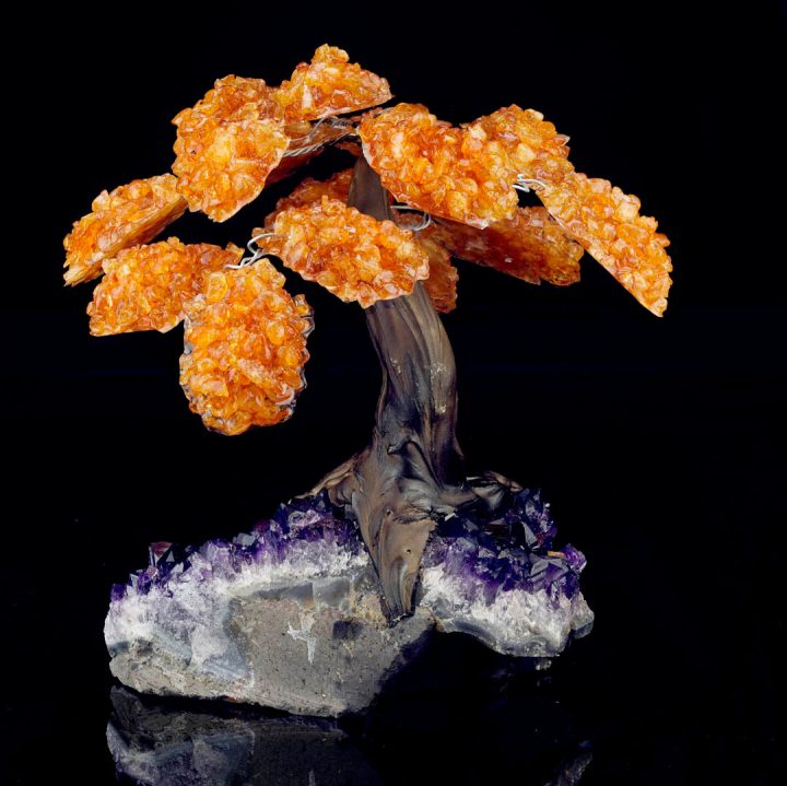Brighten your space with this Large Genuine Citrine Gemstone Tree on Amethyst Crystal Base - Spiritual Decor. This large decorative display piece combines two powerful gemstones—genuine citrine, known as the “stone of abundance,” and amethyst crystal, celebrated for its calming energy. T