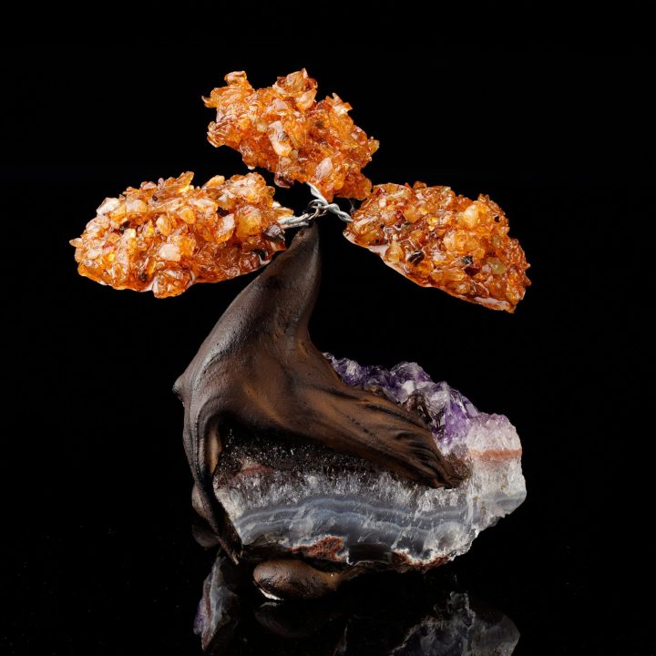 Handcrafted Citrine Gemstone Tree on Amethyst Crystal Base - Spiritual Home Décor