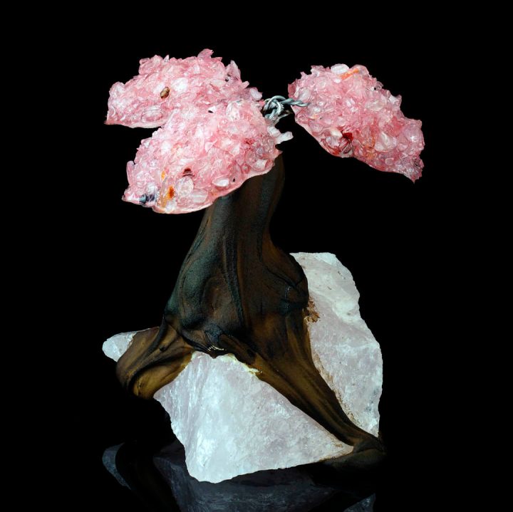 Rose Quartz Gem Tree on Natural Quartz Base - Healing Crystal Bonsai Sculpture