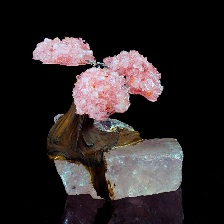 Rose Quartz Gem Tree on Natural Quartz Base - Healing Crystal Bonsai Sculpture
