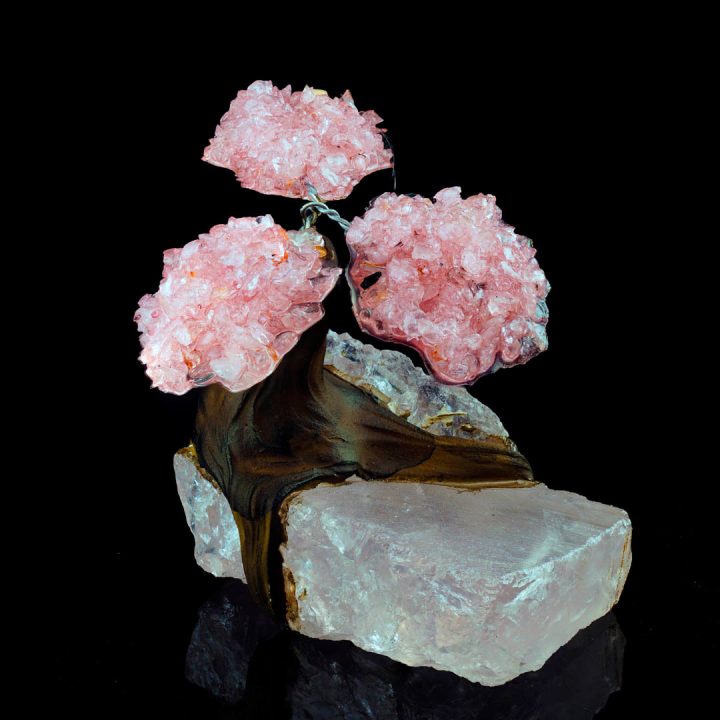Rose Quartz Gem Tree on Natural Quartz Base - Healing Crystal Bonsai Sculpture