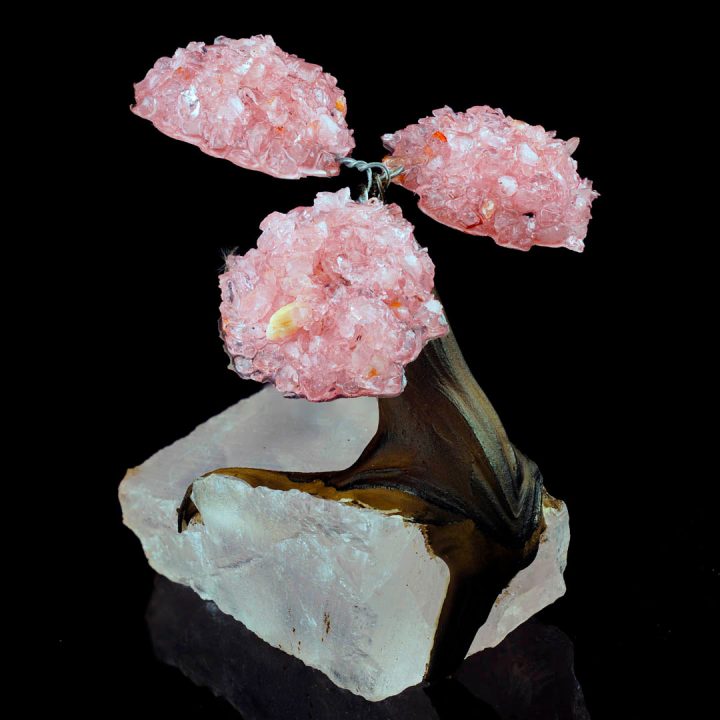 Rose Quartz Gem Tree on Natural Quartz Base - Healing Crystal Bonsai Sculpture