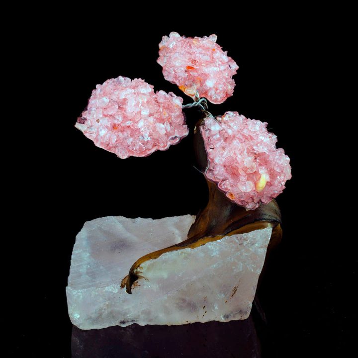 Rose Quartz Gem Tree on Natural Quartz Base - Healing Crystal Bonsai Sculpture