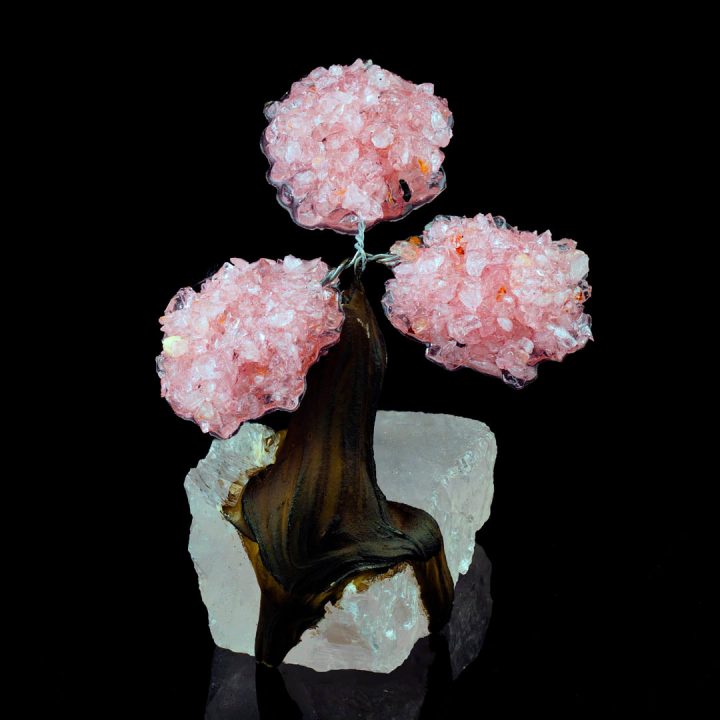 Rose Quartz Gem Tree on Natural Quartz Base - Healing Crystal Bonsai Sculpture