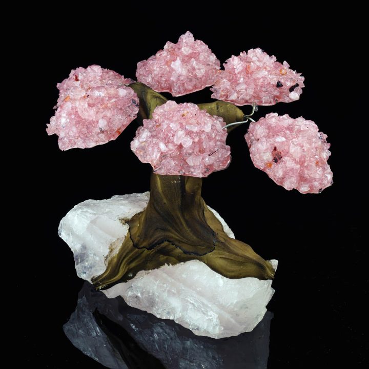 Rose Quartz Gem Tree on Natural Quartz Base – Healing Crystal Art Sculpture