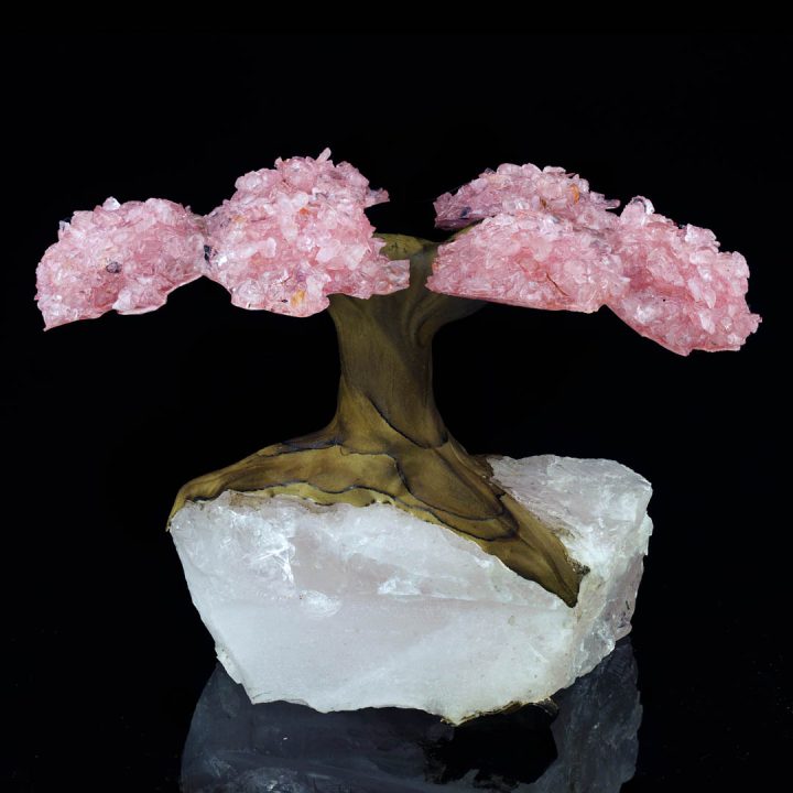 Rose Quartz Gem Tree on Natural Quartz Base – Healing Crystal Art Sculpture