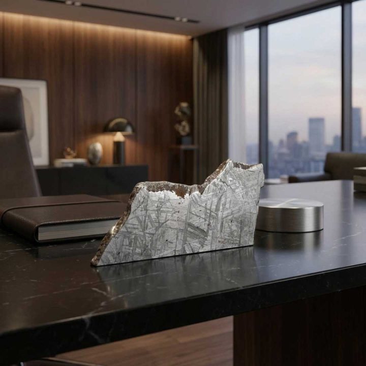 Muonionalusta meteorite slice displayed on a modern desk, showcasing natural iron patterns as luxury space decor
