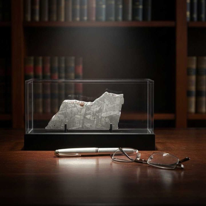 Muonionalusta meteorite slice displayed in a clear acrylic case on a wooden desk, showcasing natural iron patterns