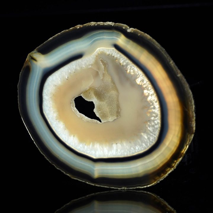 Polished agate slice with translucent center and dark outer rim