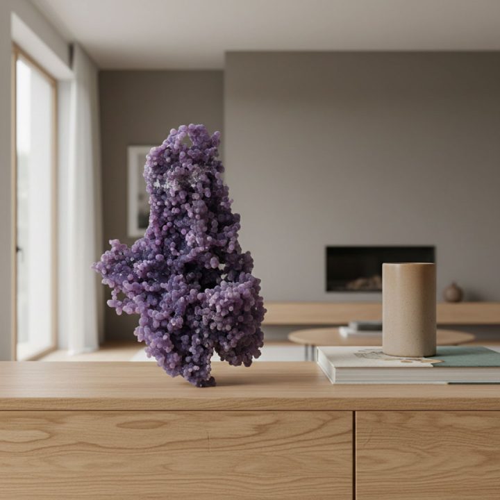 Grape agate crystal displayed upright on a wooden console, showcasing natural purple botryoidal formations in a modern interior