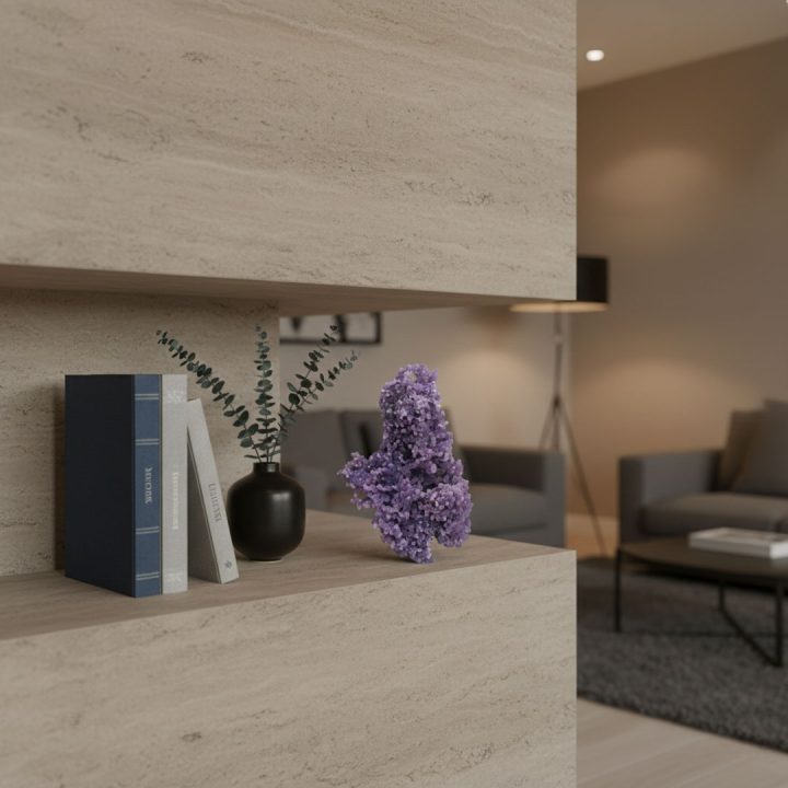 Grape agate crystal displayed on a modern stone shelf, showcasing natural purple botryoidal formations as interior decor