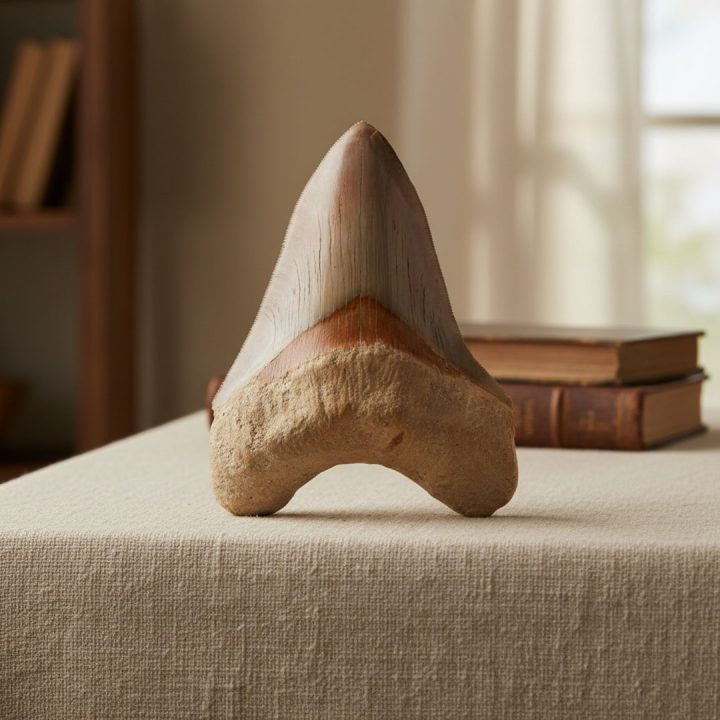 Megalodon tooth fossil displayed on a fabric-covered surface, showcasing natural enamel and prehistoric form