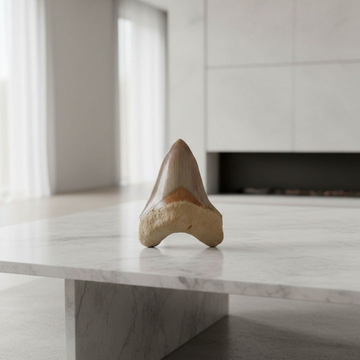 Megalodon tooth fossil displayed on a marble surface in a minimalist interior, showcasing natural enamel texture