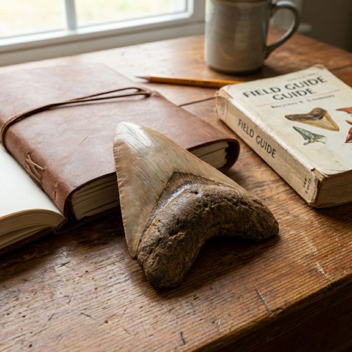 Megalodon tooth fossil displayed on a wooden desk beside books, showcasing natural enamel texture and prehistoric character