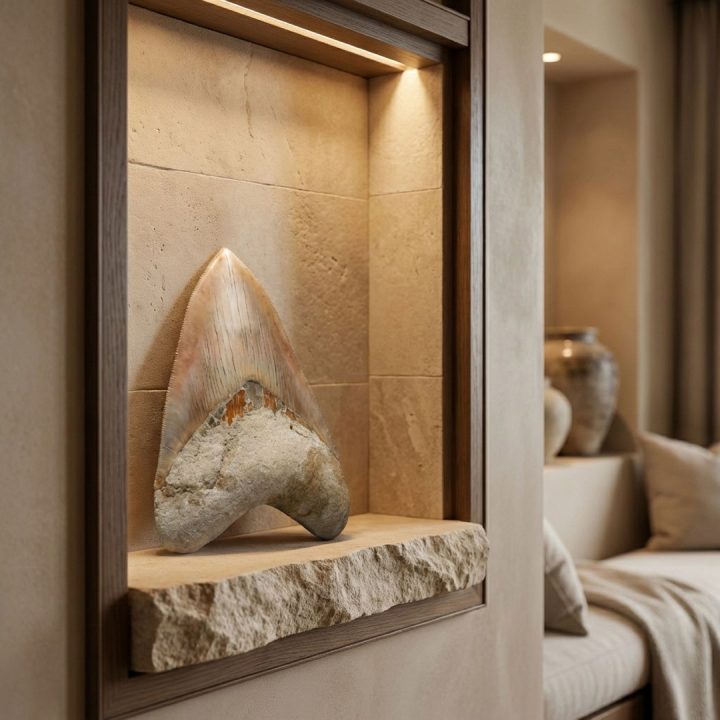 Megalodon tooth fossil displayed in a recessed wall niche, showcasing natural enamel texture as luxury prehistoric decor