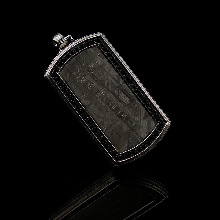 Genuine Muonionalusta Meteorite Dog Tag Set in Black Diamonds – Cosmic Luxury