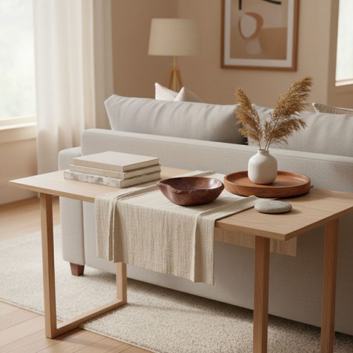 Petrified wood bowl displayed on a wooden coffee table, showcasing natural fossil wood texture in a warm living room