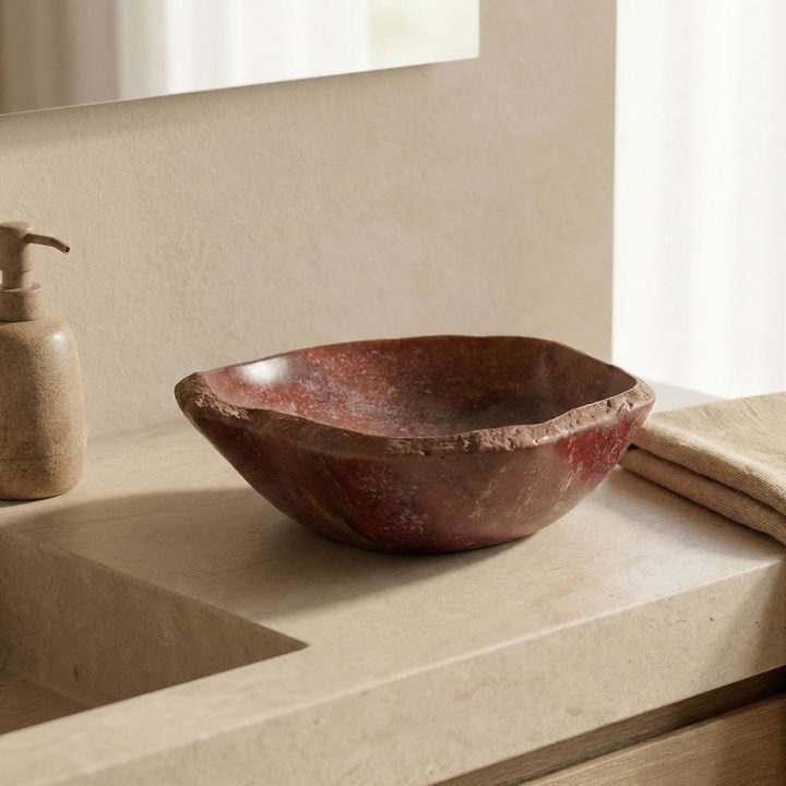 Petrified wood bowl displayed on a stone bathroom counter, showcasing natural fossil wood texture and warm tones