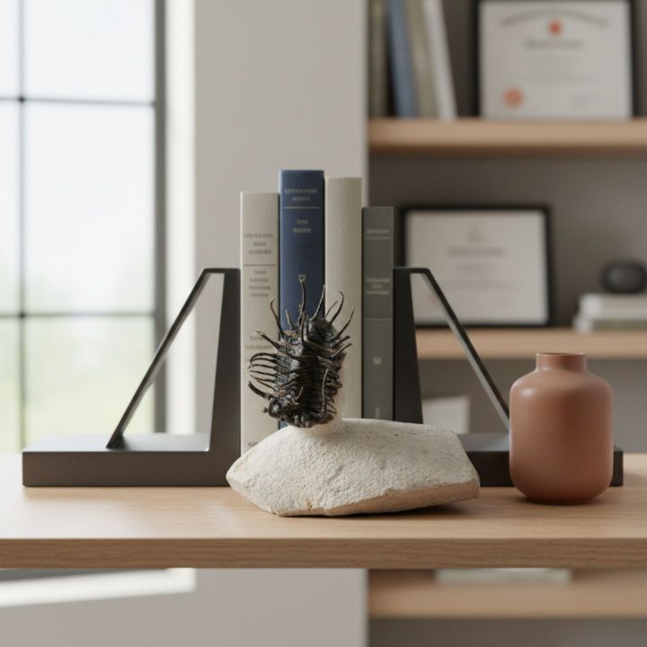 Spiny trilobite fossil displayed on a wooden shelf, showcasing detailed spines and prehistoric marine form