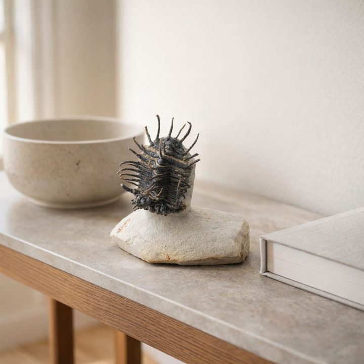 Spiny trilobite fossil displayed on a stone tabletop, showcasing pronounced spines and prehistoric marine detail