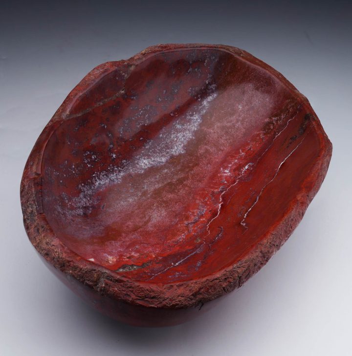 Red petrified wood bowl displaying natural fossil wood grain with smooth polished interior and organic shape