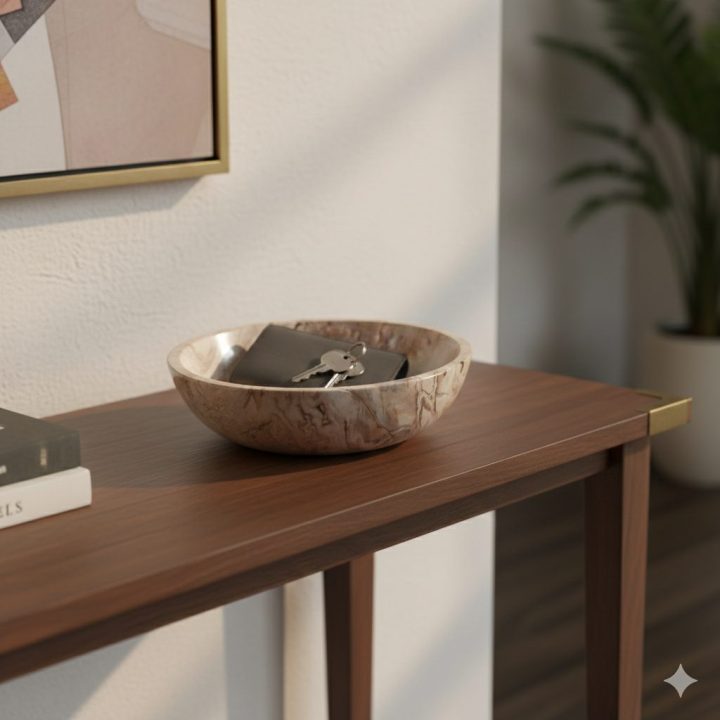 Petrified wood bowl displayed on a wooden console table, highlighting natural fossil wood texture in a minimalist interior