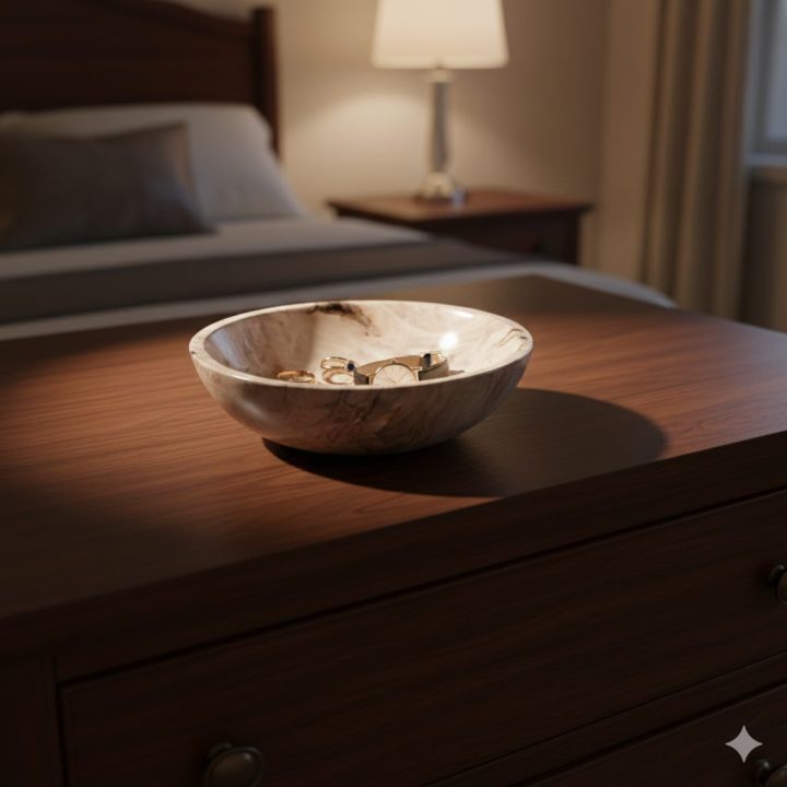Petrified wood bowl placed on a wooden nightstand, showcasing natural fossil wood texture in a warm bedroom setting
