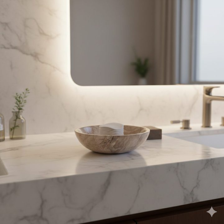 Petrified wood bowl displayed on a modern stone countertop, showcasing natural fossil wood texture and organic shape as luxury home decor