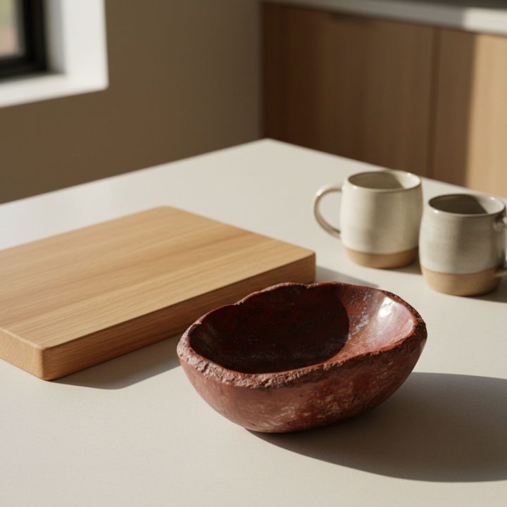 Petrified wood bowl displayed on a kitchen counter, showcasing natural fossil wood texture in a modern setting