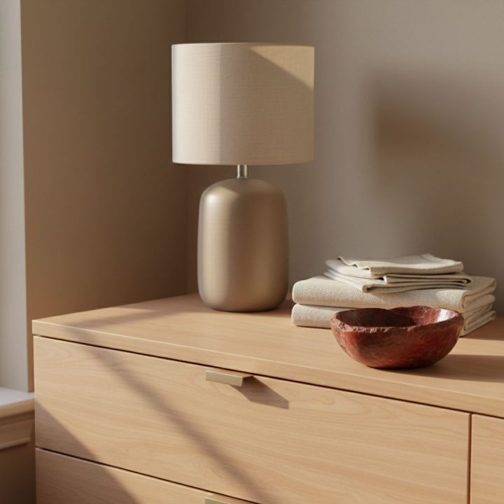 Petrified wood bowl displayed on a wooden dresser, showcasing natural fossil wood texture in a minimalist bedroom setting