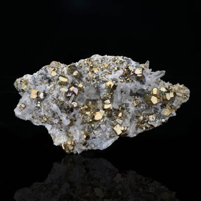 Pyrite crystals on quartz matrix, showcasing metallic gold cubic formations against natural white quartz