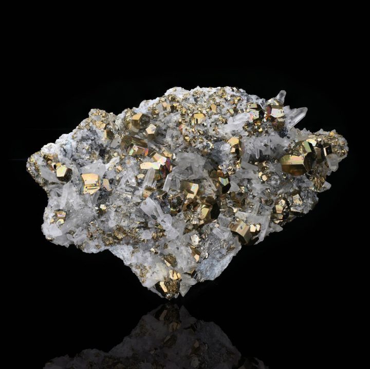 Pyrite crystals on quartz matrix, showcasing metallic gold cubic formations against natural white quartz