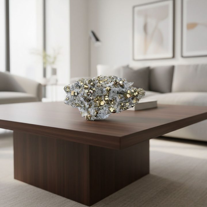 Pyrite on quartz mineral specimen displayed on a wooden coffee table, showcasing metallic gold crystals in a modern living room