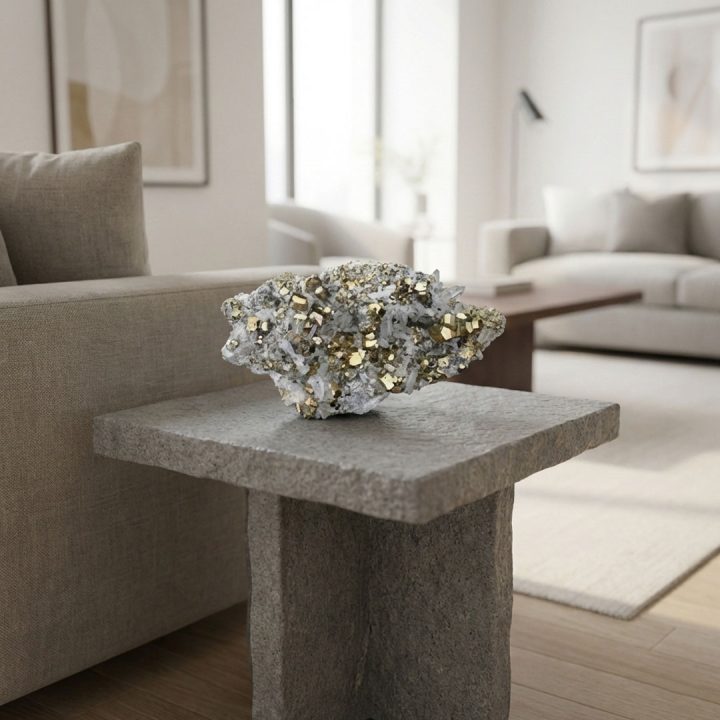 Pyrite on quartz mineral specimen displayed on a stone pedestal, showcasing metallic gold crystals in a modern interior
