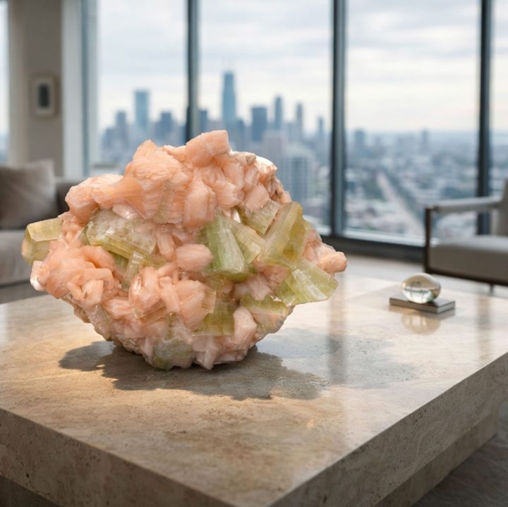 Apophyllite crystal cluster with soft peach and green tones displayed on a modern table by a window