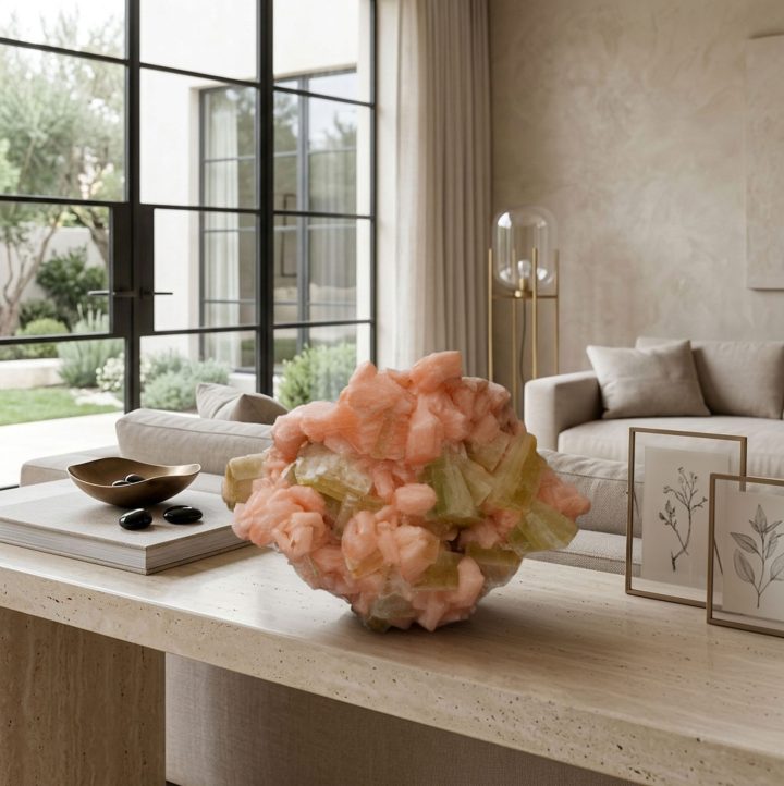 Apophyllite crystal cluster with peach and green tones displayed on a table in a bright modern living room