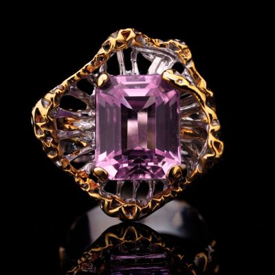 Natural Pink Kunzite Ring in Sterling Silver with Gold Accents