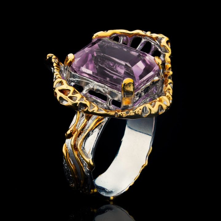 Natural Pink Kunzite Ring in Sterling Silver with Gold Accents