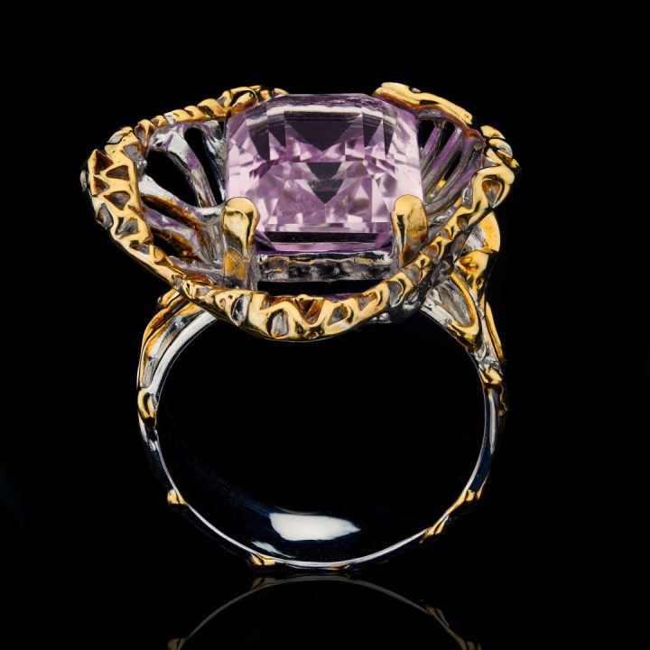 Natural Pink Kunzite Ring in Sterling Silver with Gold Accents