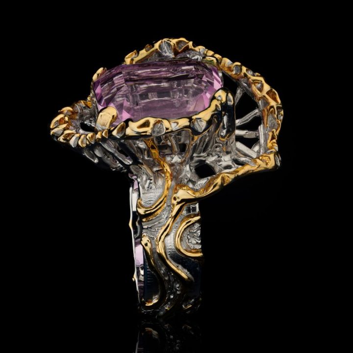 Natural Pink Kunzite Ring in Sterling Silver with Gold Accents