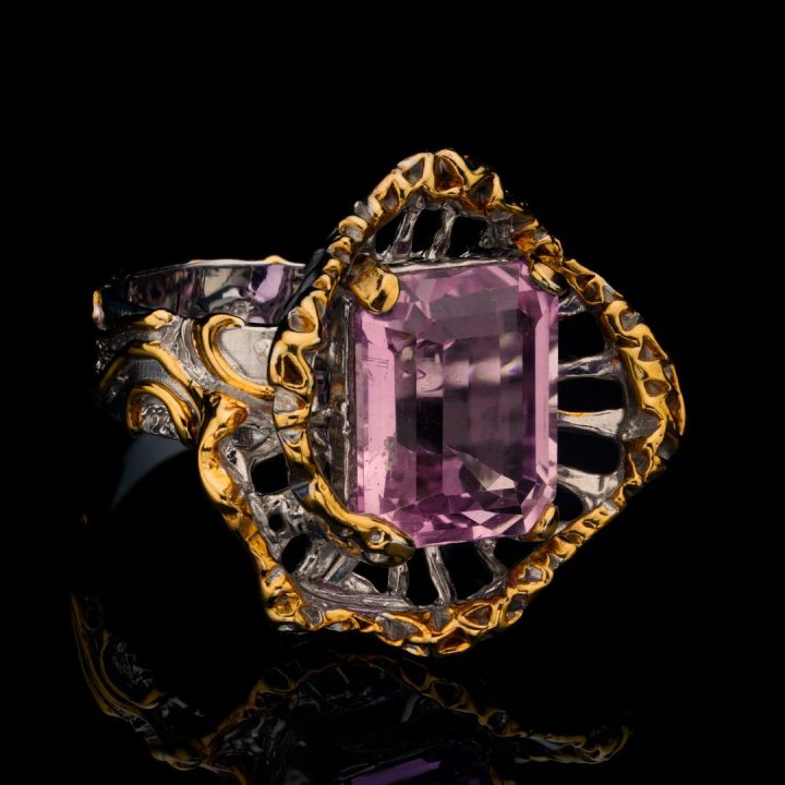 Natural Pink Kunzite Ring in Sterling Silver with Gold Accents