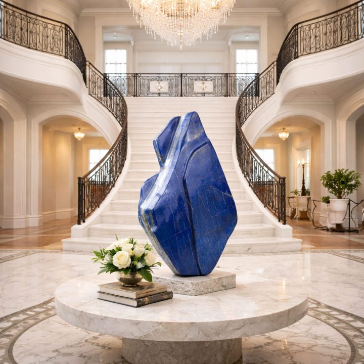 Large lapis lazuli sculpture displayed in the center of a luxury grand foyer