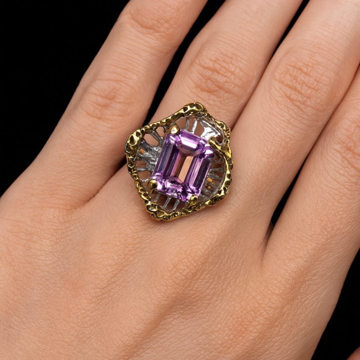 Natural Pink Kunzite Ring in Sterling Silver with Gold Accents