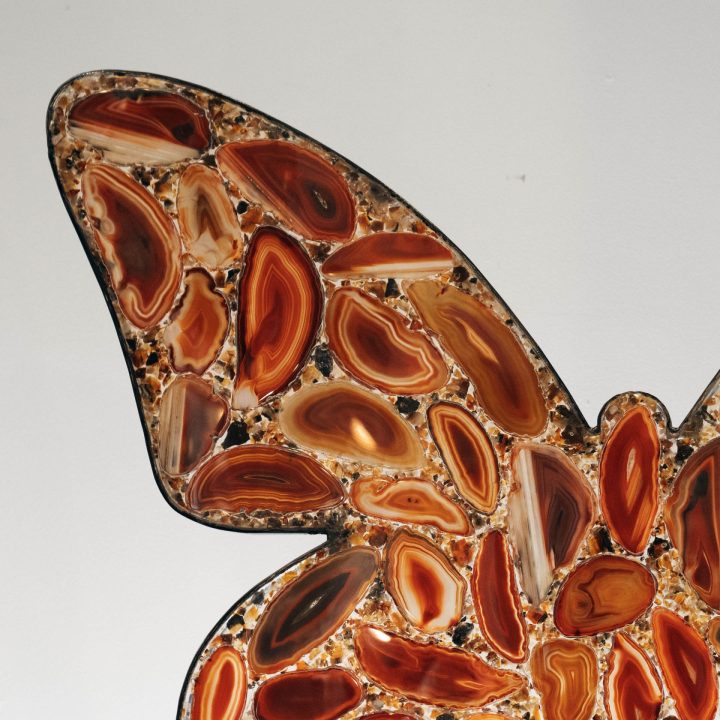Close-up of agate slice butterfly wing highlighting natural banded patterns and warm amber tones