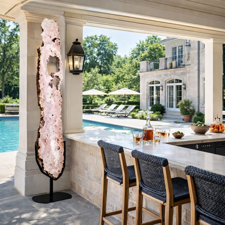 Tall pink amethyst slice on stand displayed in a luxury outdoor bar and poolside setting