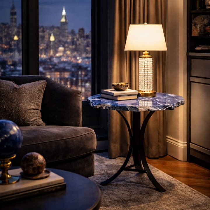 Sodalite stone side table with blue natural patterns styled in a luxury living room at night
