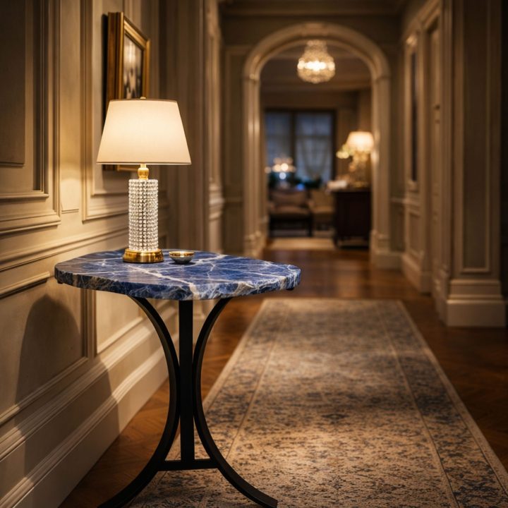 Sodalite stone side table with blue patterns placed in an elegant hallway interior